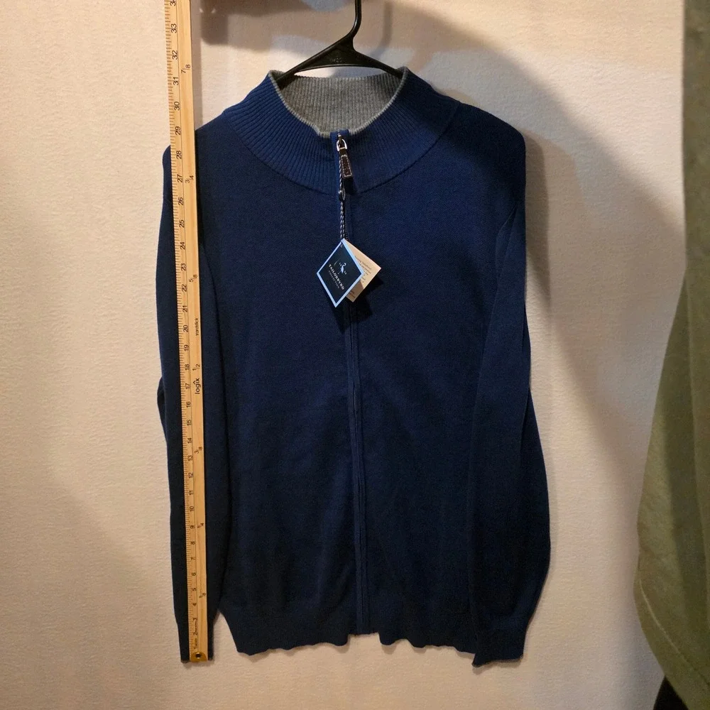 Tailorbyrd Full Zip Sweater Men M Navy Blue Mock Neck Cotton Blend Ribbed Trim